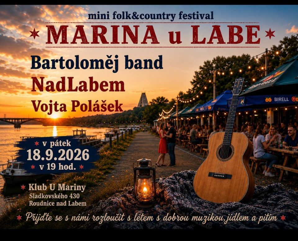 Plakát festivalu MARINA u LABE, 18. 9. 2026 v Roudnici nad Labem: Bartoloměj band, NadLabem, Vojta Polášek
